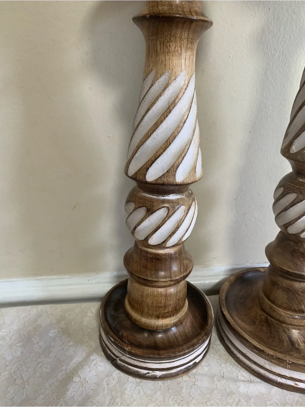 The Wooden Town Rustic Wood Pillar Candle Holders Set of 2 Swirl Carved 18